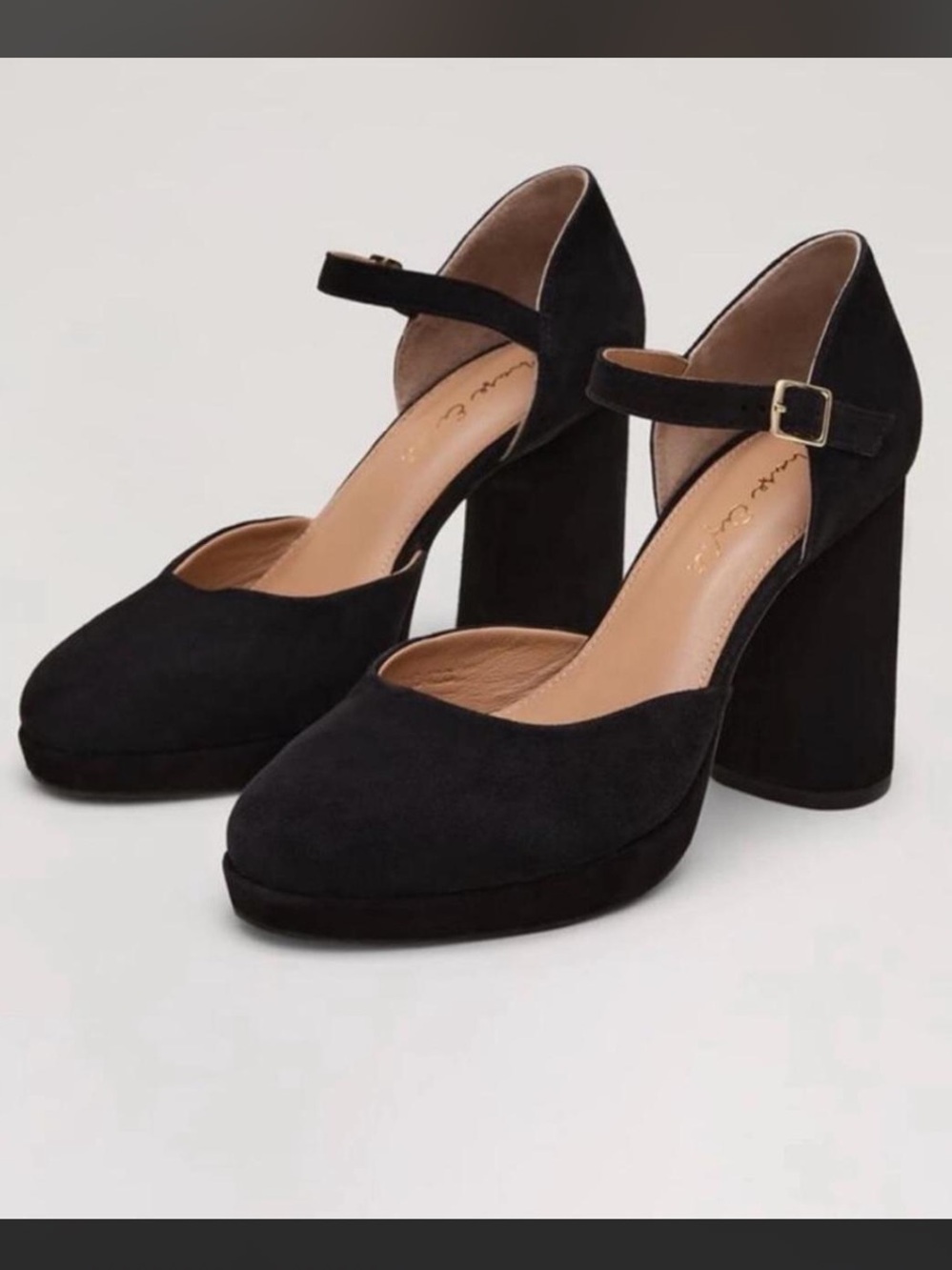 Paul Andrew Black Suede Mary Jane Block Heel Pumps with Ankle Strap